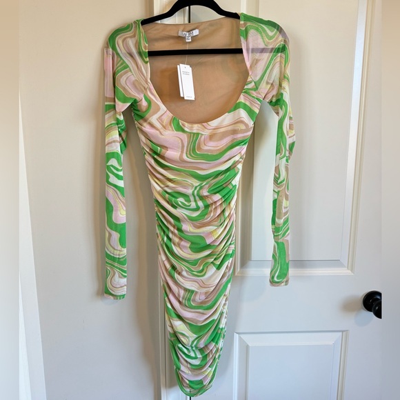 AFRM LOS ANGELES Gesine Long Sleeve Ruched Minidress in Green Swiss - Picture 10 of 11